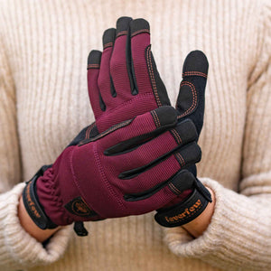 women's gardening gloves in plum and black