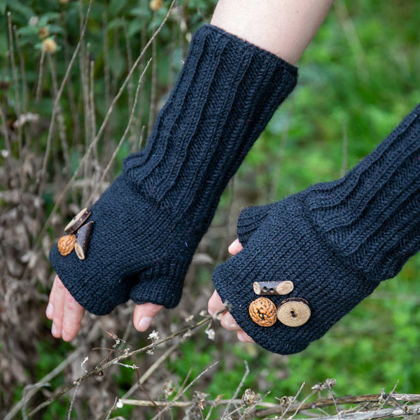 100% Wool Black Fruit Button Wristwarmers