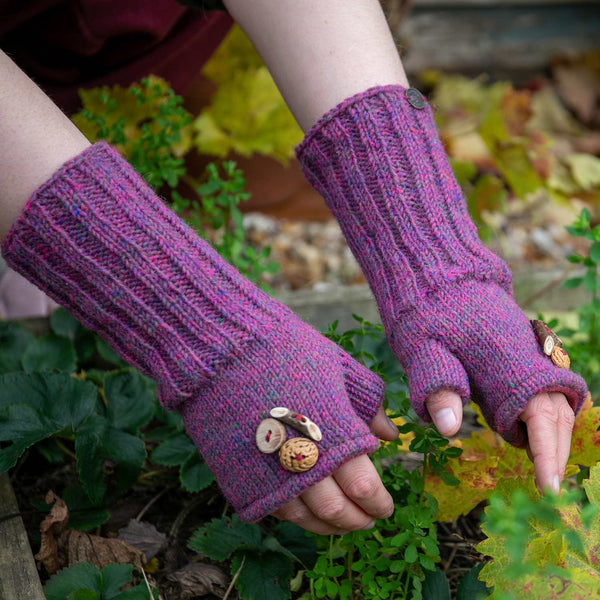 100% Wool Pink Heather Fruit Button Wristwarmers