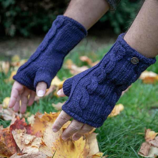 100% Wool Dark Blue Cable Knit Wristwarmers